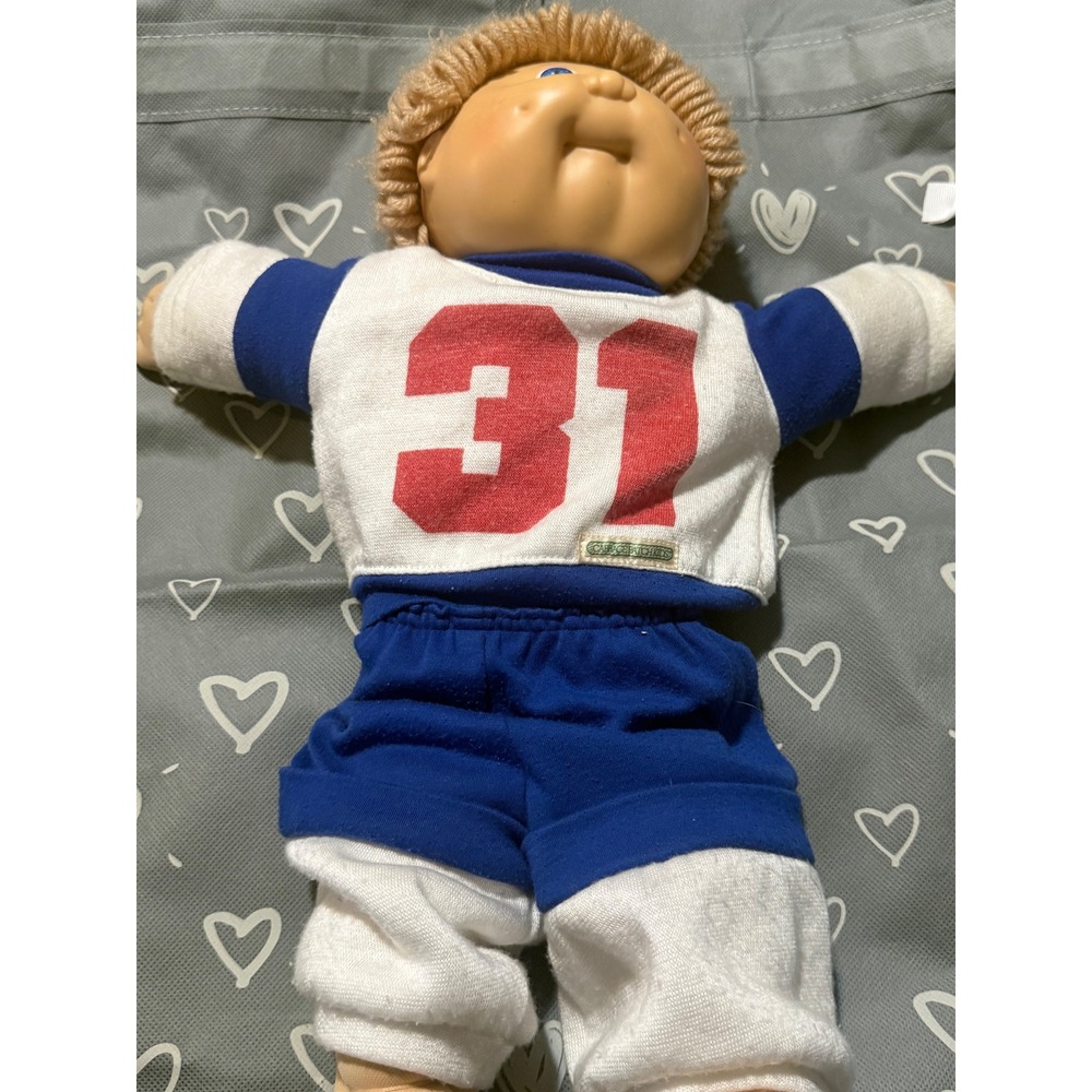 Vintage 1982 Cabbage Patch Kids Boy Doll Blonde Yarn Hair Blue Eyes w Uniform